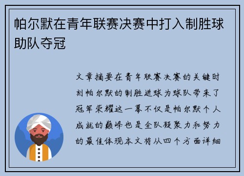 帕尔默在青年联赛决赛中打入制胜球助队夺冠