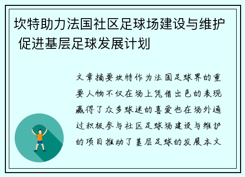 坎特助力法国社区足球场建设与维护 促进基层足球发展计划