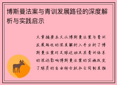 博斯曼法案与青训发展路径的深度解析与实践启示